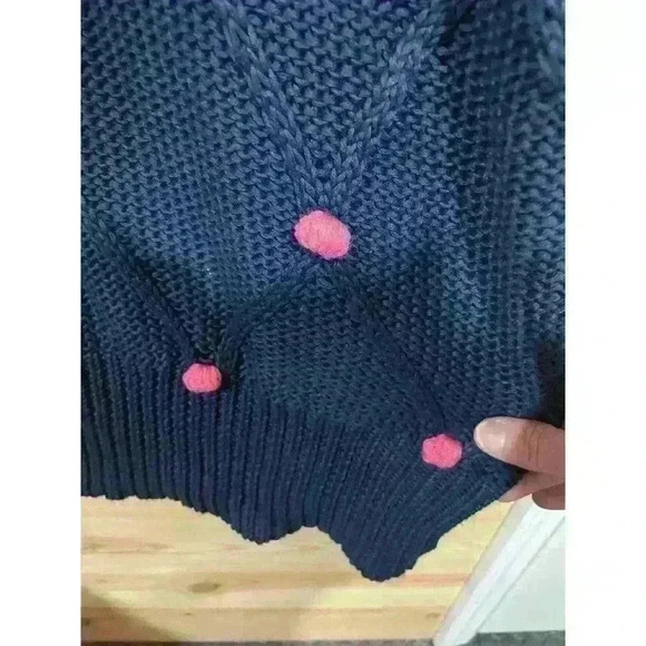 ALYA Womens Crew Neck Sweater Size S Blue Pink Polka Dot Cable Knit long Sleeve - Picture 2 of 6